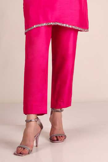 Buy Jhambthreads Fuchsia Silk Split V-neck Border Embellished Kurta And Pant Set Online at Aza Fashions Buy_Jhambthreads_Fuchsia Silk Split V-neck Border Embellished Kurta And Pant Set _Online_at_Aza_Fashions