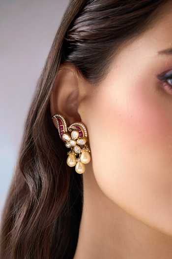Shop Nazaakat By Samara Singh Pink Embellished Stone Drop Earrings Shop_Nazaakat By Samara Singh_Pink Embellished Stone Drop Earrings