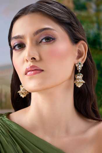 Shop Nazaakat By Samara Singh Green Embellished Dholki Jhumka Earrings Shop_Nazaakat By Samara Singh_Green Embellished Dholki Jhumka Earrings