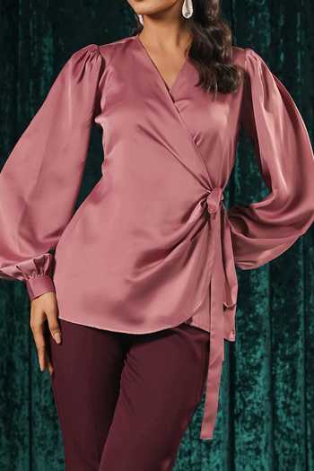 B'Infinite Pink Satin Wrap Top With Side Knot For Kids Online at Aza Fashions B'Infinite_Pink Satin Wrap Top With Side Knot For Kids_Online_at_Aza_Fashions