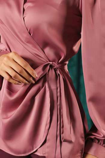 Shop B'Infinite Pink Satin Wrap Top With Side Knot For Kids Online at Aza Fashions Shop_B'Infinite_Pink Satin Wrap Top With Side Knot For Kids_Online_at_Aza_Fashions
