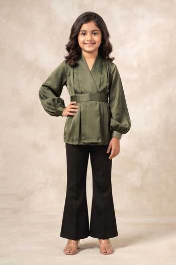 B'Infinite Green Overlap Satin Top For Kids