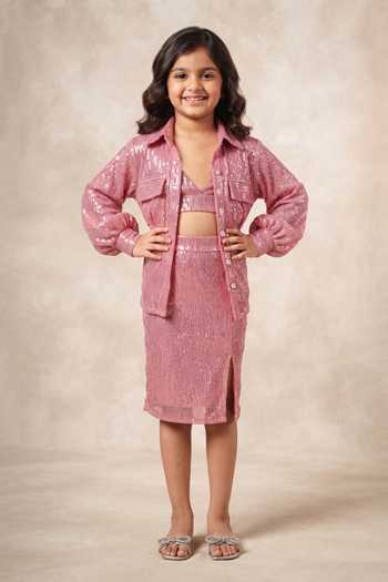 B'Infinite Pink Sequin Embellished Shirt & Bralette Set For Kids