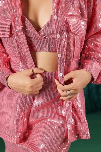 B'Infinite Pink Lycra Sequins Embellished Shirt And Bralette Set For Kids at Aza Fashions B'Infinite_Pink Lycra Sequins Embellished Shirt And Bralette Set For Kids_at_Aza_Fashions
