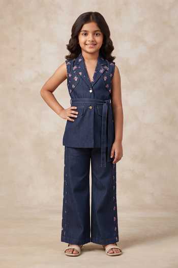 B'Infinite Blue Denim Designer Blazer Set For Kids