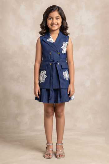 B'Infinite Blue Denim Double-Breasted Blazer with Belt For Kids