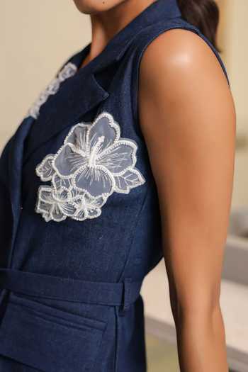 B'Infinite Blue Denim Double-breasted Blazer With Belt For Kids Online at Aza Fashions B'Infinite_Blue Denim Double-breasted Blazer With Belt For Kids_Online_at_Aza_Fashions