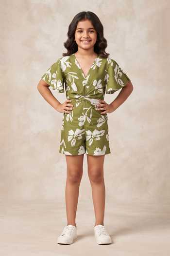 B'Infinite Floral Print Green Jumpsuit For Kids