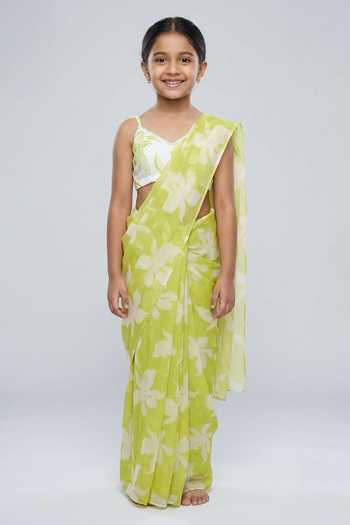 B'Infinite Lime Tropical Embellished Draped Saree With Blouse For Kids