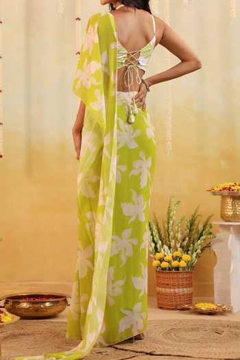 B'Infinite Lime Tropical Embellished Draped Saree With Blouse For Kids
