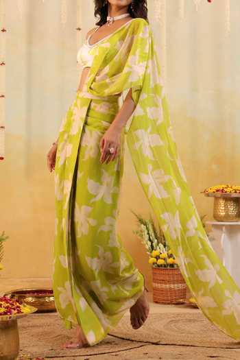Shop B'Infinite Green Lime Tropical Embellished Draped Saree With Blouse For Kids Online at Aza Fashions Shop_B'Infinite_Green Lime Tropical Embellished Draped Saree With Blouse For Kids_Online_at_Aza_Fashions