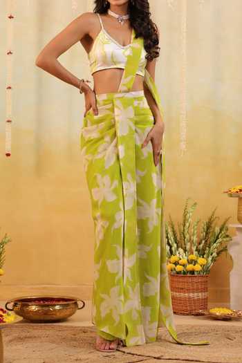 B'Infinite Green Lime Tropical Embellished Draped Saree With Blouse For Kids at Aza Fashions B'Infinite_Green Lime Tropical Embellished Draped Saree With Blouse For Kids_at_Aza_Fashions