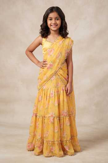 B'Infinite Sunlit Garden Embellished Draped Saree With Blouse For Kids