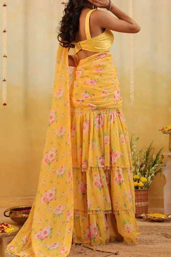 B'Infinite Sunlit Garden Embellished Draped Saree With Blouse For Kids