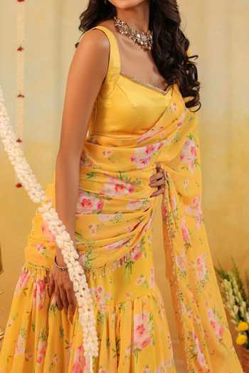 B'Infinite_Yellow Sunlit Garden Embellished Draped Saree With Blouse For Kids_Online_at_Aza_Fashions