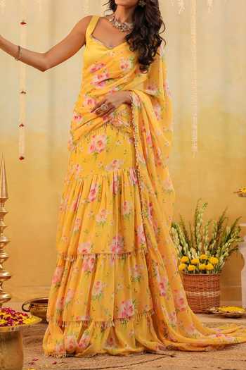 Buy_B'Infinite_Yellow Sunlit Garden Embellished Draped Saree With Blouse For Kids_Online_at_Aza_Fashions