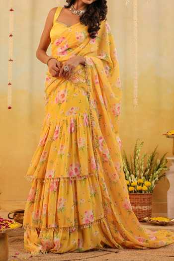 Shop_B'Infinite_Yellow Sunlit Garden Embellished Draped Saree With Blouse For Kids_Online_at_Aza_Fashions