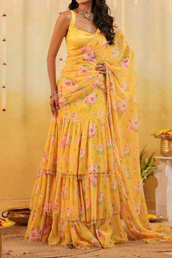 B'Infinite_Yellow Sunlit Garden Embellished Draped Saree With Blouse For Kids_at_Aza_Fashions