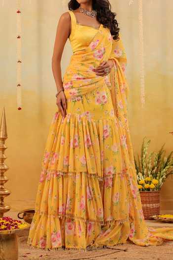 Shop_B'Infinite_Yellow Sunlit Garden Embellished Draped Saree With Blouse For Kids