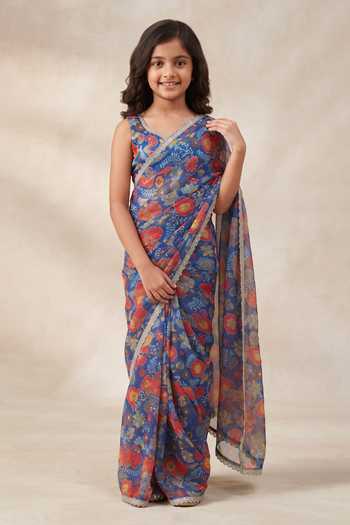 B'Infinite Carnival Bloom Embellished Draped Saree With Blouse For Kids