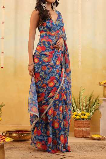 Buy B'Infinite Blue Carnival Bloom Embellished Draped Saree With Blouse For Kids Online at Aza Fashions Buy_B'Infinite_Blue Carnival Bloom Embellished Draped Saree With Blouse For Kids_Online_at_Aza_Fashions