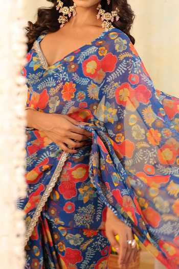 B'Infinite Blue Carnival Bloom Embellished Draped Saree With Blouse For Kids at Aza Fashions B'Infinite_Blue Carnival Bloom Embellished Draped Saree With Blouse For Kids_at_Aza_Fashions