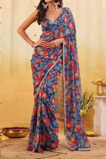 Buy B'Infinite Blue Carnival Bloom Embellished Draped Saree With Blouse For Kids Buy_B'Infinite_Blue Carnival Bloom Embellished Draped Saree With Blouse For Kids
