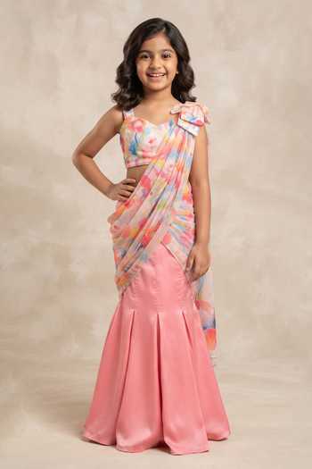 B'Infinite Pastel Tulip Embellished Draped Saree With Blouse For Kids