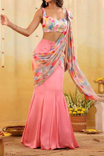 B'Infinite Pastel Tulip Embellished Draped Saree With Blouse For Kids
