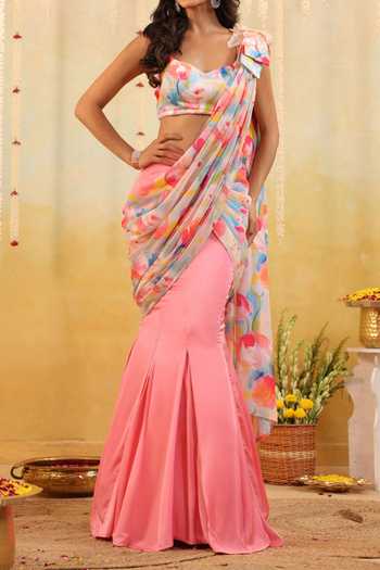 Shop B'Infinite Pink Pastel Tulip Embellished Draped Saree With Blouse For Kids Online at Aza Fashions Shop_B'Infinite_Pink Pastel Tulip Embellished Draped Saree With Blouse For Kids_Online_at_Aza_Fashions