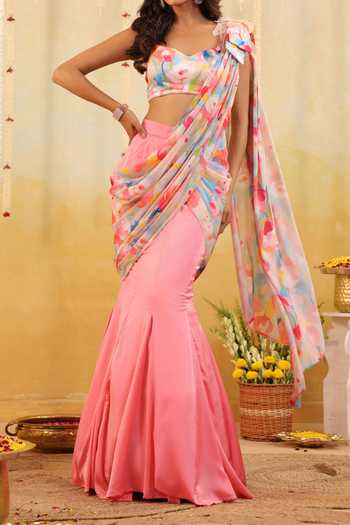B'Infinite Pink Pastel Tulip Embellished Draped Saree With Blouse For Kids at Aza Fashions B'Infinite_Pink Pastel Tulip Embellished Draped Saree With Blouse For Kids_at_Aza_Fashions