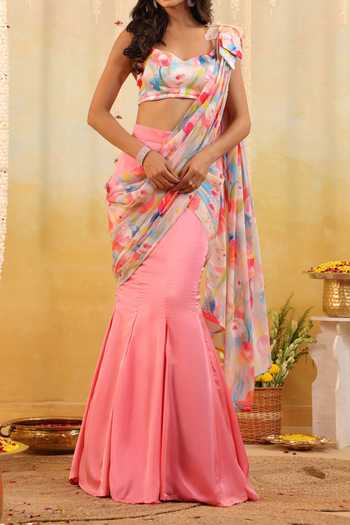 Buy B'Infinite Pink Pastel Tulip Embellished Draped Saree With Blouse For Kids Buy_B'Infinite_Pink Pastel Tulip Embellished Draped Saree With Blouse For Kids