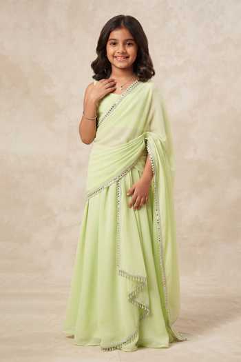 B'Infinite Pastel Green Ruffle Embellished Draped Saree With Blouse For Kids