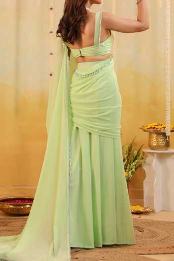 B'Infinite Pastel Green Ruffle Embellished Draped Saree With Blouse For Kids