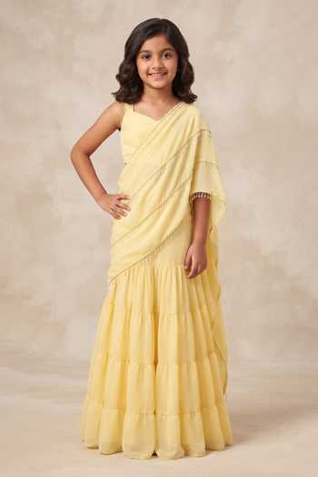 B'Infinite Butter Yellow Embellished Draped Saree With Blouse For Kids