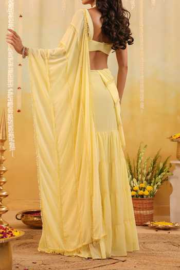 B'Infinite Butter Yellow Embellished Draped Saree With Blouse For Kids