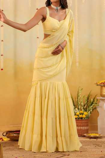 Shop_B'Infinite_Yellow Butter Embellished Draped Saree With Blouse For Kids_Online_at_Aza_Fashions
