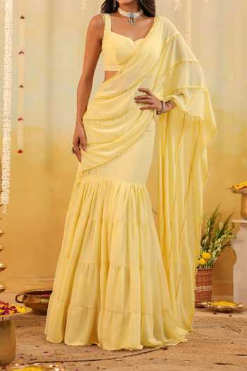 B'Infinite_Yellow Butter Embellished Draped Saree With Blouse For Kids_at_Aza_Fashions
