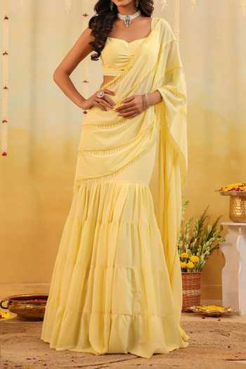 Shop_B'Infinite_Yellow Butter Embellished Draped Saree With Blouse For Kids