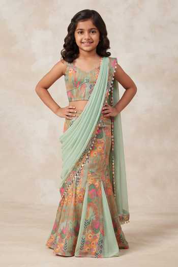 B'Infinite Pop Mirage Embellished Draped Saree & Blouse Set For Kids