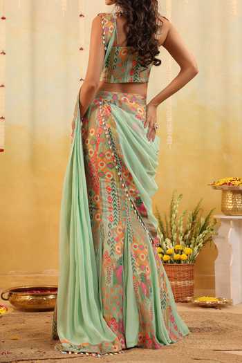 B'Infinite Pop Mirage Embellished Draped Saree & Blouse Set For Kids