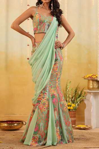Buy_B'Infinite_Green Pop Mirage Embellished Draped Saree And Blouse Set For Kids_Online_at_Aza_Fashions