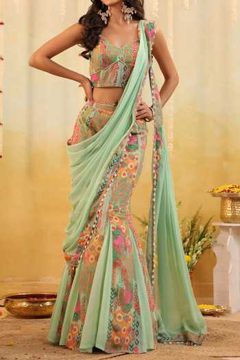 Shop_B'Infinite_Green Pop Mirage Embellished Draped Saree And Blouse Set For Kids_Online_at_Aza_Fashions