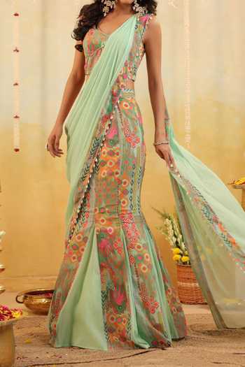 B'Infinite_Green Pop Mirage Embellished Draped Saree And Blouse Set For Kids_at_Aza_Fashions