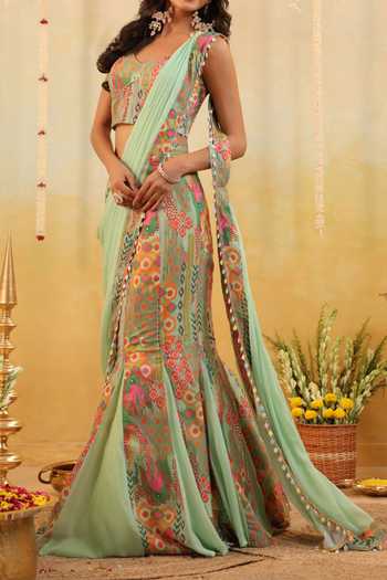 Buy_B'Infinite_Green Pop Mirage Embellished Draped Saree And Blouse Set For Kids
