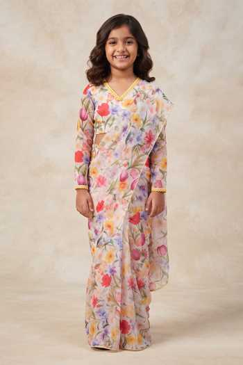 B'Infinite Garden Tulipe Embellished Draped Saree & Blouse Set For Kids