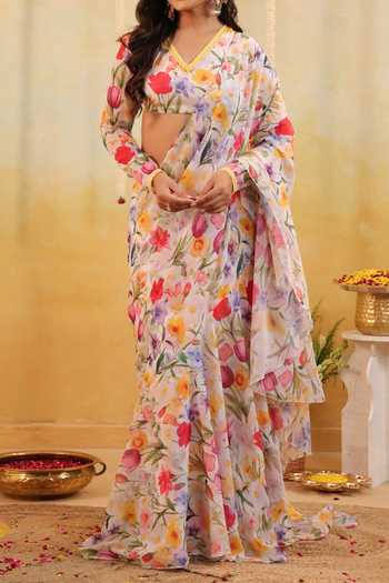 Buy_B'Infinite_Multi Color Garden Tulipe Embellished Draped Saree And Blouse Set For Kids_Online_at_Aza_Fashions