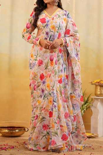 Shop_B'Infinite_Multi Color Garden Tulipe Embellished Draped Saree And Blouse Set For Kids_Online_at_Aza_Fashions