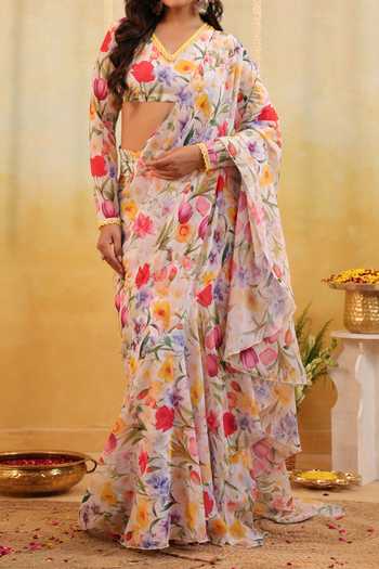 Shop_B'Infinite_Multi Color Garden Tulipe Embellished Draped Saree And Blouse Set For Kids