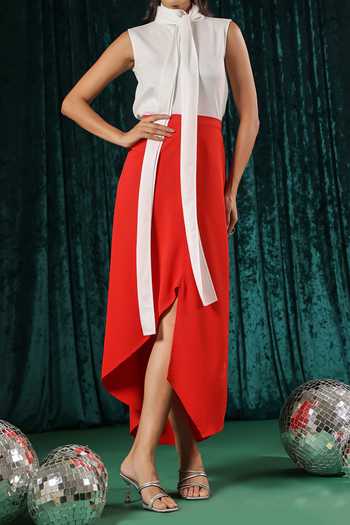 B'Infinite_Red Crepe Asymmetric Midi Skirt For Kids_Online_at_Aza_Fashions